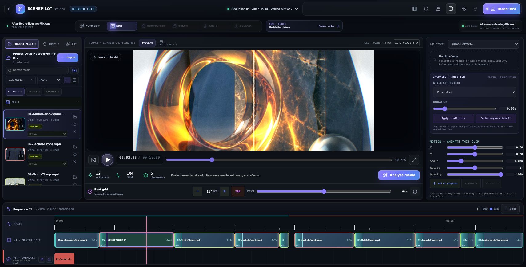 ScenePilot: Soften each arrival. The incoming edit changes from Zoom to a 0.30-second Dissolve, then applies to every master edit. The program monitor shows the resulting layered picture.