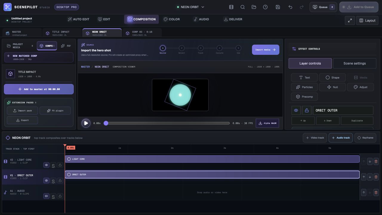 Actual ScenePilot Neon Orbit composition with layer controls and reorderable tracks