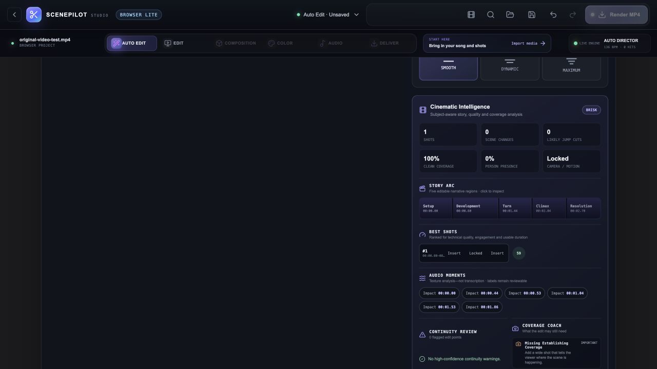 ScenePilot: Find the rhythm. Analyze an original test clip to reveal timing and shot information.